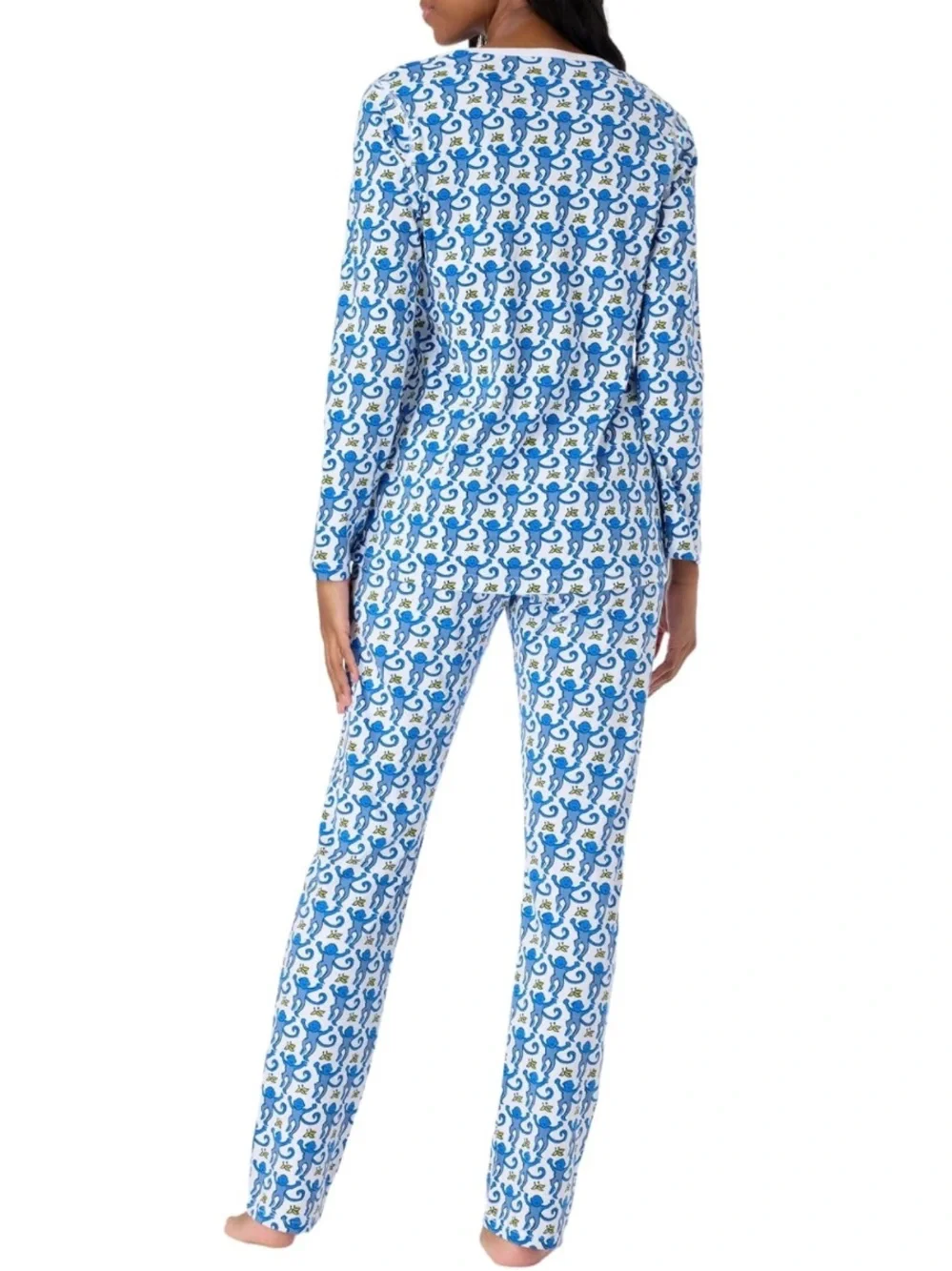 Blue and White Monkey Printed Long Sleeve Pajama Set - Picture 2 of 4